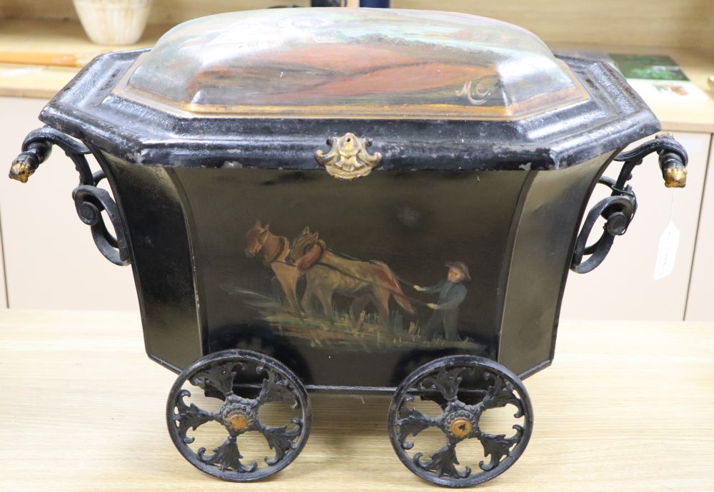 A Victorian painted toleware coal or log bin, width 62cm